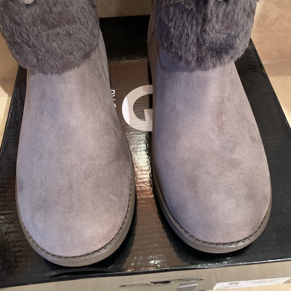 GUESS. NWOT. Aussie. Dark gray fabric & faux fur boots. Size 9.5. Buckle Strap.